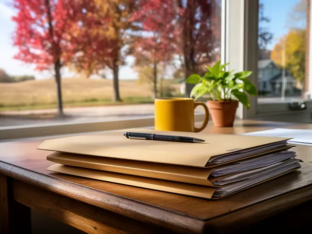 A neat stack of closed manila folders and a pen on a desk by a window.
