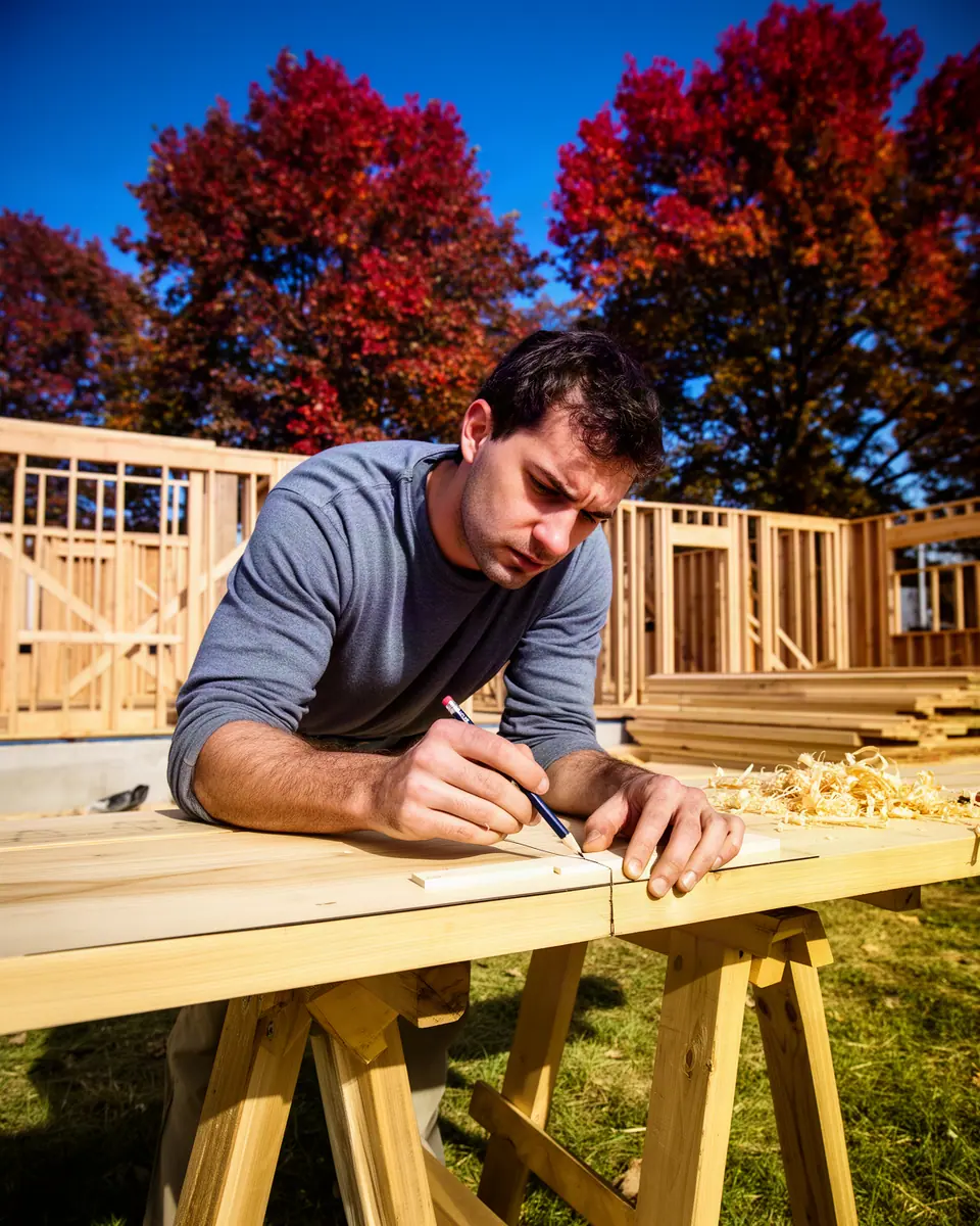 A carpenter marking a fresh pine board with a pencil on sawhorses at a house remodel.